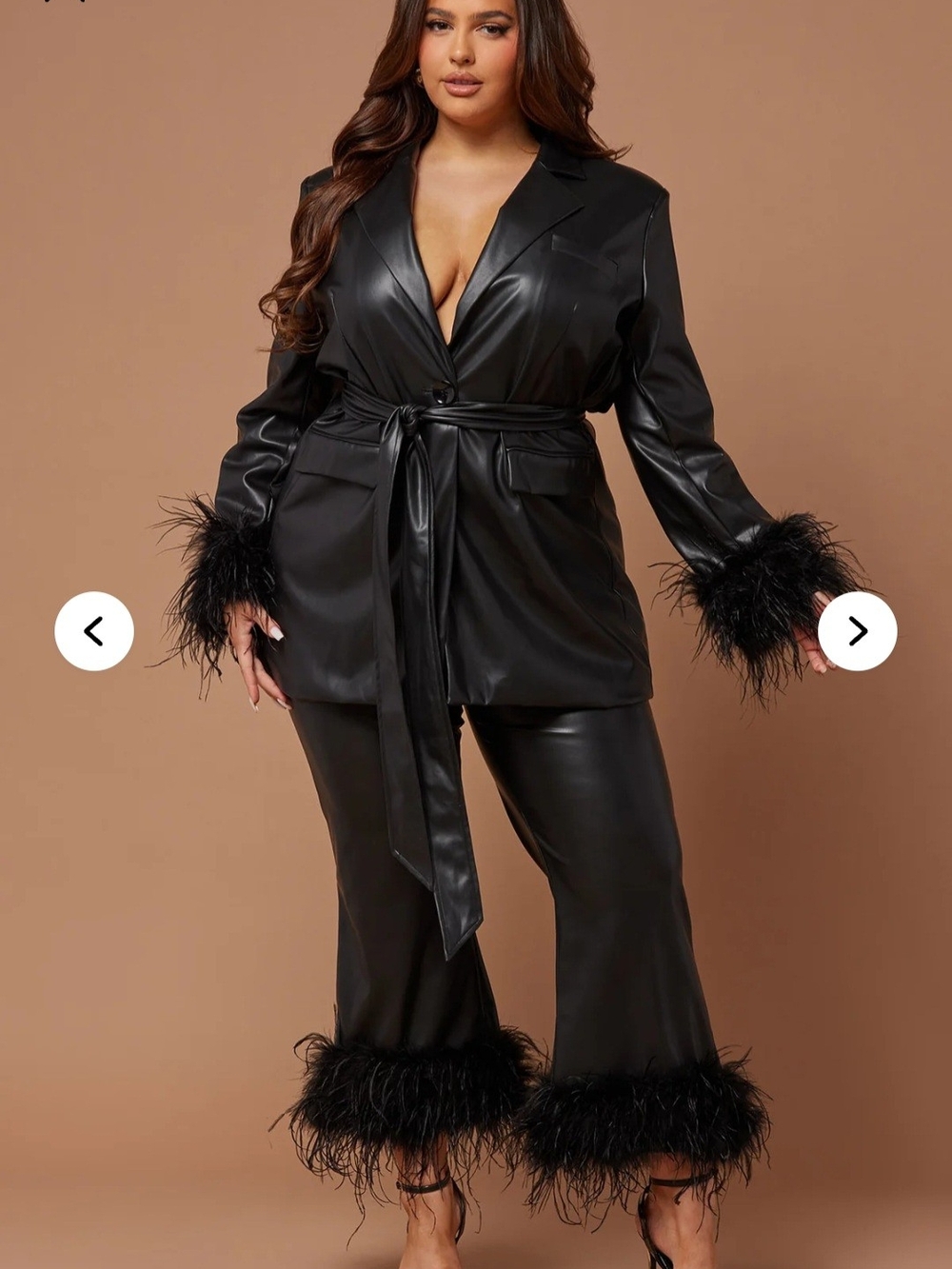 Faux Leather Black Feather-Trim Pants Suit